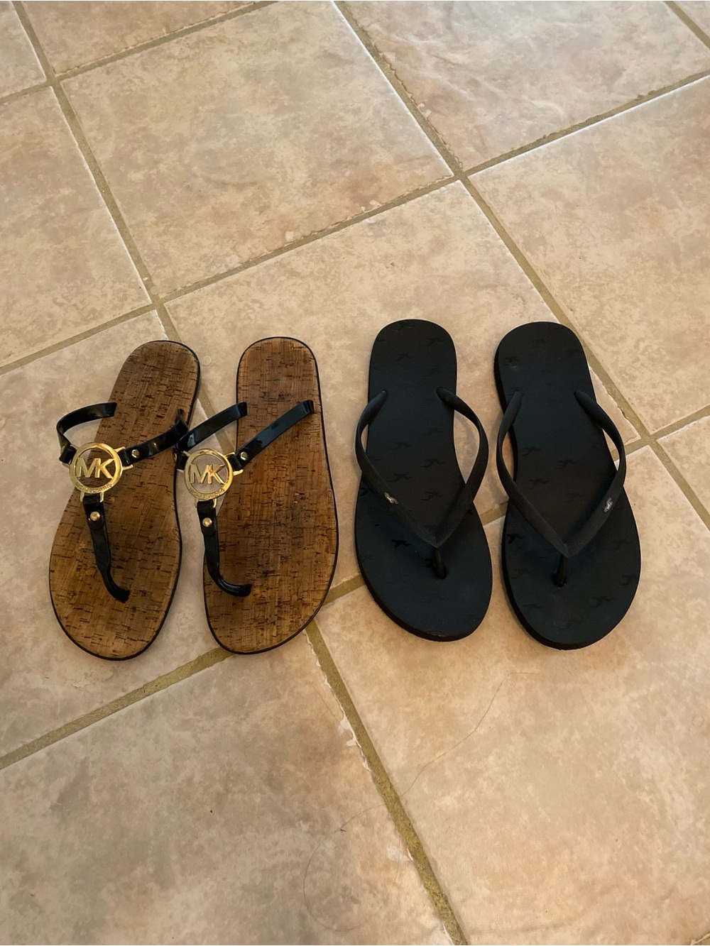 Michael Kors Black and Brown Logo Cork Thong Sandals and Hollister